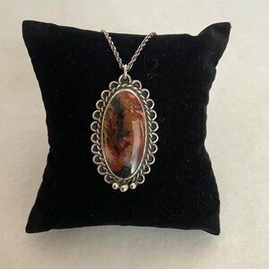 VTG Sterling Silver 925 Oval Dendritic Moss Agate Pendant Necklace 18"